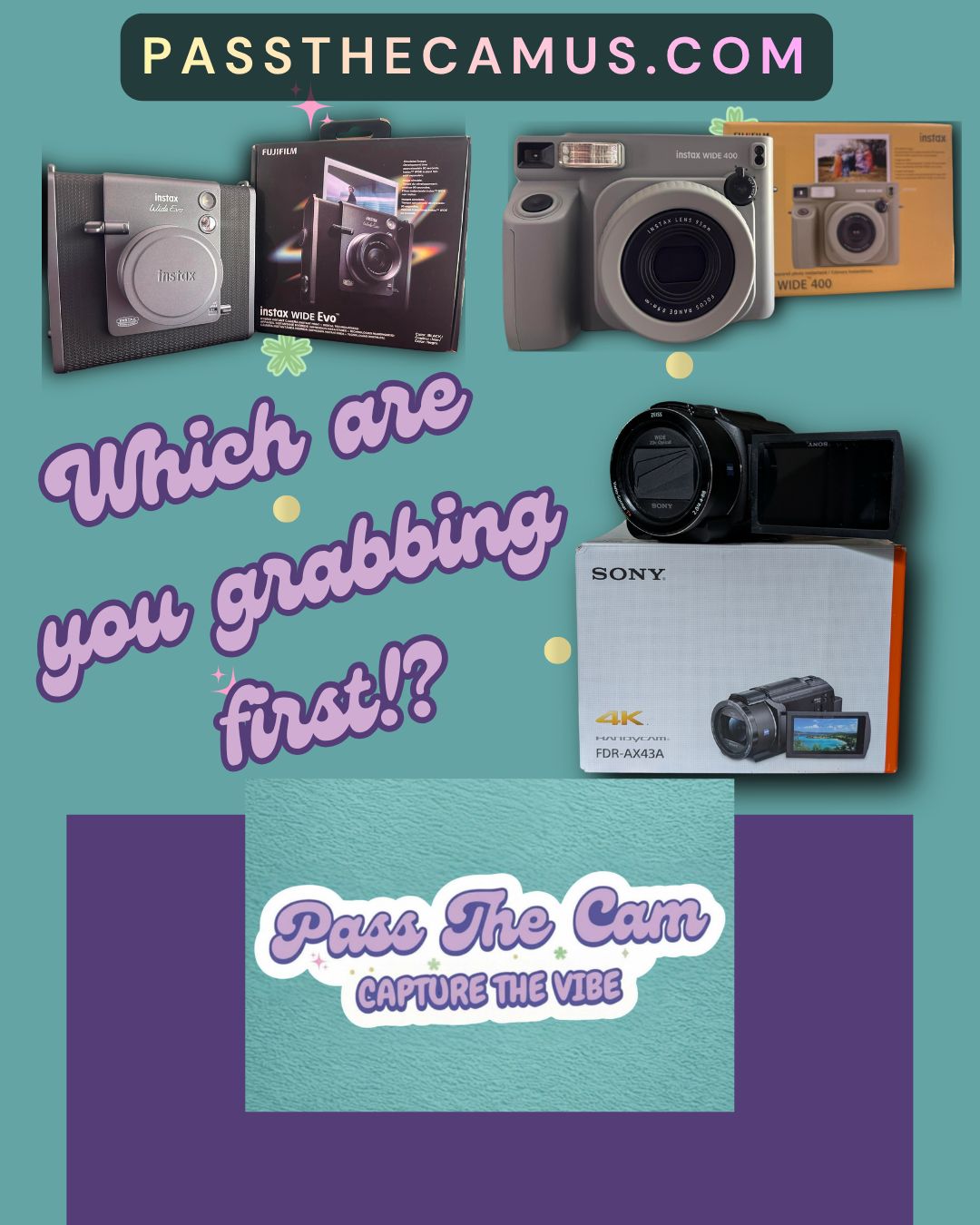 Instax Wide Evo, Instax Wide 400, and Sony FDR AX43A camcorder rental gear