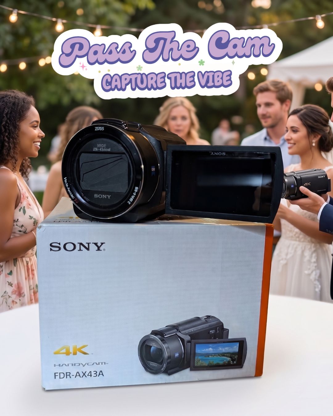 Wedding guests passing around a Sony FDR-AX43A 4K camcorder at a reception